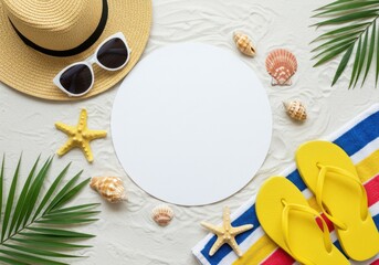 Overhead view of bright yellow flipflops, straw hat, sunglasses, starfish, and shells on sandy beach with copy space circle
