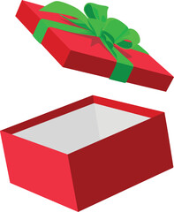 Opened red empty gift box with green ribbon