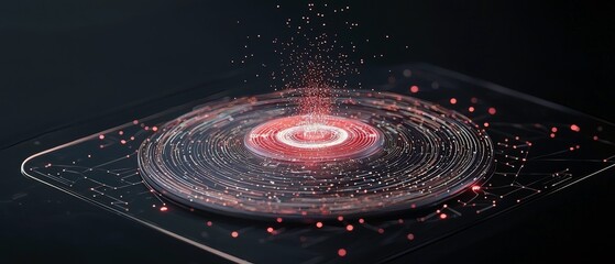 A swirling vortex of digital data, represented by concentric rings and glowing particles, emanates from a central red light source. The vortex is set against a
