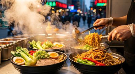 Delicious ramen bowls steaming hot from a vibrant street food vendor, inviting taste and perfect for authentic cuisine promotions, Asian food lovers, or travel adventure blogs