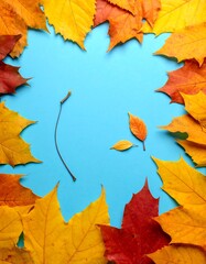Colorful Autumn Leaves Frame on Light Blue Background.