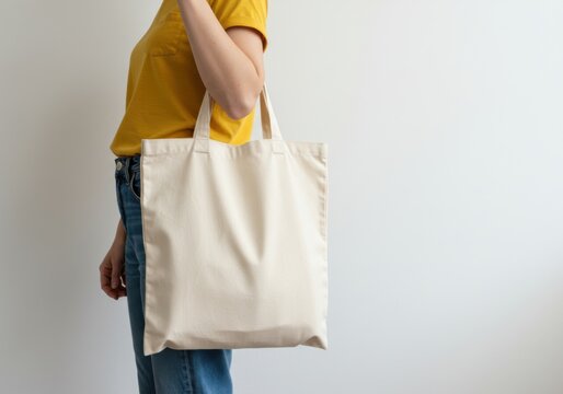 Woman in yellow shirt and jeans holding a blank beige canvas tote bag against a plain light background, mockup for design