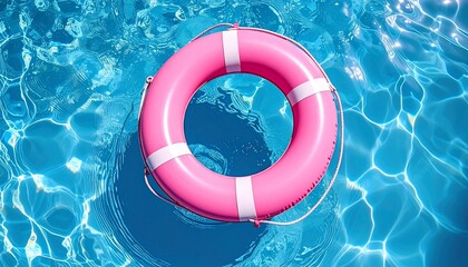 Pink Lifebuoy Floating on Sparkling Blue Water with Summer Vacation Concept.