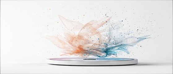 An abstract explosion of orange and blue energy particles and wisps erupting from a sleek, white circular platform against a clean white background.