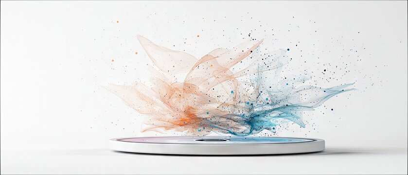 An abstract explosion of orange and blue energy particles and wisps erupting from a sleek, white circular platform against a clean white background. - Powered by Adobe