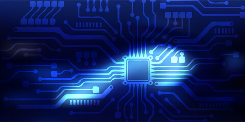 Blue Circuit Board Microchip With Glowing Pathways—Futuristic Digital Technology And Electronics Concept