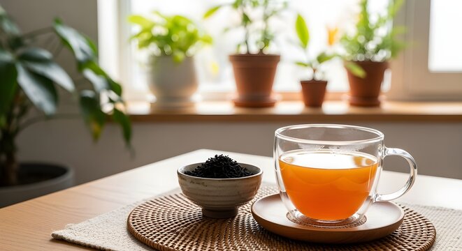 A cup of healthy orange drink with a bowl of black cumin seeds on a table against a background of houseplants