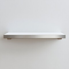 Fototapeta premium Minimalist white shelf with metal bracket against a white wall.