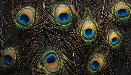 Close-up of iridescent peacock feathers with intricate patterns and vibrant colors.