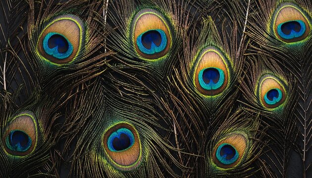 Close-up of iridescent peacock feathers with intricate patterns and vibrant colors. - Powered by Adobe