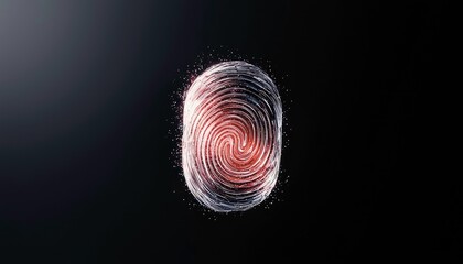 A close-up, abstract representation of a fingerprint with a glowing red core and shimmering particles against a dark, moody background. The fingerprint texture