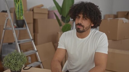 Man with curly hair and beard sitting at table with moving boxes, ladder and plant in a building wearing white t shirt; moving day contentment.