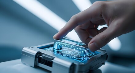 Hand interacting with futuristic device advanced technology interface modern science concept