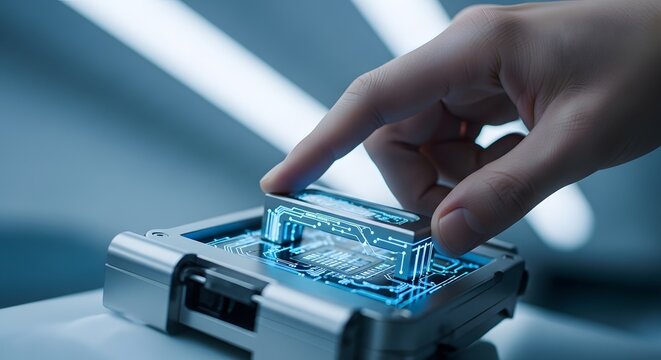 Hand interacting with futuristic device advanced technology interface modern science concept