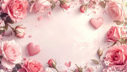 Romantic floral background with pink roses and hearts with Valentines Day.