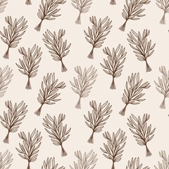 Seamless pattern of hand-drawn brown leaves on beige background