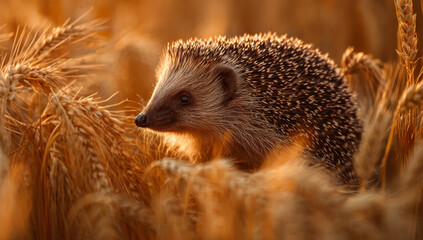 Fototapeta premium A charming hedgehog with spiky fur is nestled amidst golden wheat stalks, basking in the warm glow of the sun, creating a serene and picturesque scene of nature's beauty and tranquility