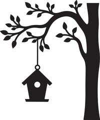 Black silhouette of a birdhouse hanging from a tree branch