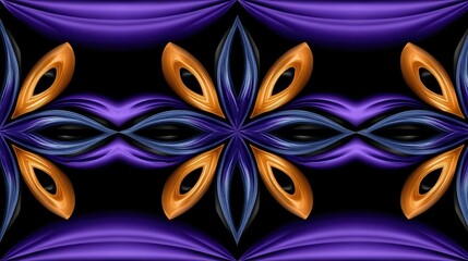 A symmetrical, abstract pattern featuring gold petal-like shapes and flowing purple and blue elements against a black background.