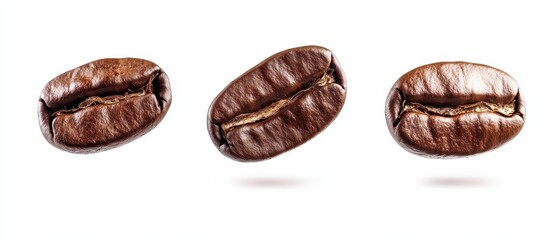Three roasted coffee beans on a clean white background.