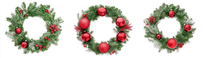 Three festive Christmas wreaths adorned with red ornaments.