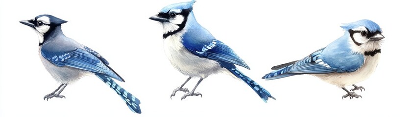 Three vibrant blue jays perched in various poses.