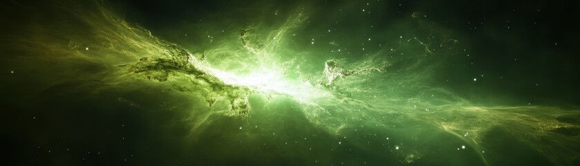 Vibrant cosmic nebula filled with green hues and stardust.
