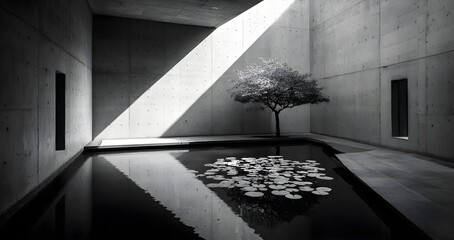 Modern Internal Lilly Pond Courtyard Minimalist Raw Concrete Japanese Style Dramatic Sunlight Beams Serene Water Reflection Lush Greenery Elegant Design Tranquil Ambiance (AI-Generated)