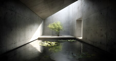 Modern Internal Lilly Pond Courtyard Minimalist Raw Concrete Japanese Style Dramatic Sunlight Beams Serene Water Reflection Lush Greenery Elegant Design Tranquil Ambiance (AI-Generated)