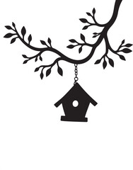 Black silhouette of a birdhouse hanging from a tree branch