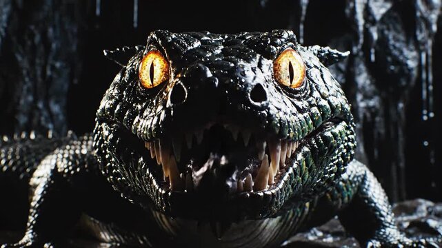 Fantasy lizard snarling in dark cave.