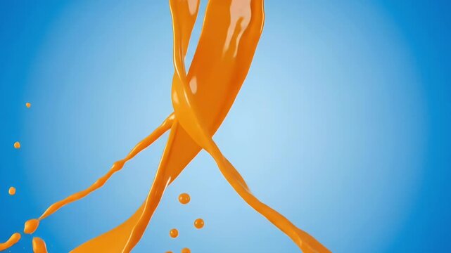 A vibrant, eye-catching stream of rich orange liquid dynamically splashes and crosses through the air, creating an energetic and refreshing visual against a clean, bright blue background. Numerous dro