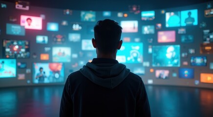 Man standing in front of a wall of televisions
