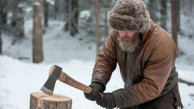 Bearded lumberjack chopping firewood with an axe in a snowy winter forest, with his face covered by his hat - Powered by Adobe