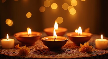 Candles are lit in a circle with a flower on a table