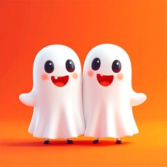 Obraz premium Adorable illustration featuring two cartoon ghosts smiling with rosy cheeks against a warm orange gradient background