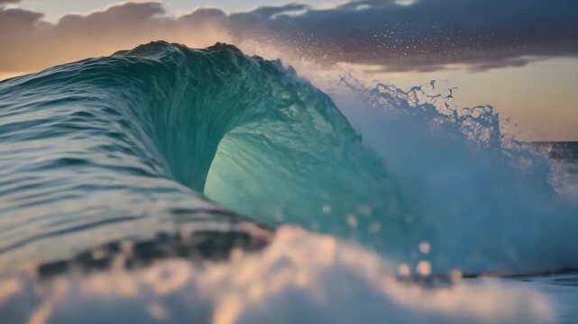 Turquoise ocean wave breaking at sunset with foamy crest  