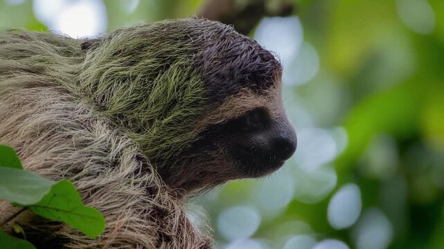 Close-up of a sloth in a tree, with green leaves in the background.