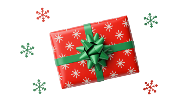 Delightful red Christmas gift with green bow and snowflakes, perfect for holiday cheer marketing