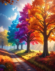 Colorful Autumn Trees Lining a Path - A Vibrant Landscape Painting.