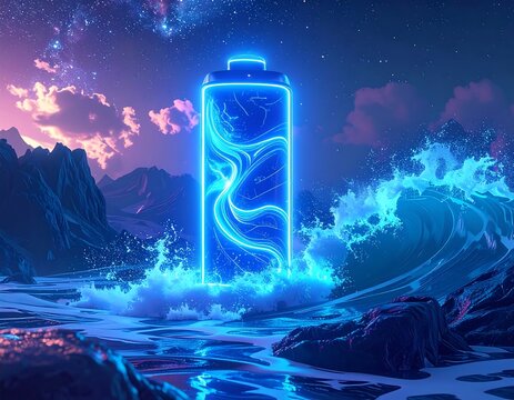 Glowing battery surrounded by ocean waves and a starry sky - Powered by Adobe