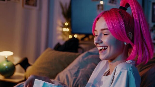 Young caucasian woman with pink hair smiling and laughing while sitting at home. Cozy atmosphere, natural light, a candid moment of joy and self-expression