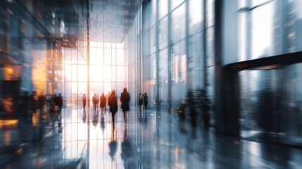 Abstract glass wall of corporate office with blurred people walking in professional business environment perfect for finance technology and modern workplace concept backgrounds. High quality