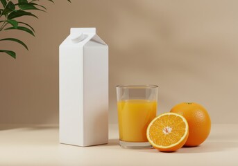 Blank white orange juice carton next to a glass of fresh juice and whole and halved oranges on a neutral background