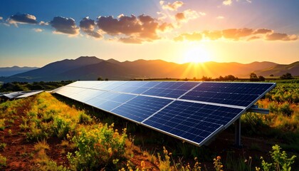 Solar panels in field at sunset with generating green energy, renewable power, and ecofriendly future.