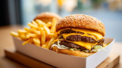 Delicious double cheeseburger with crispy fries on light background featuring juicy layers, melted cheese, takeaway lunch concept, fast food restaurant meal, selective focus with clean copy space for 