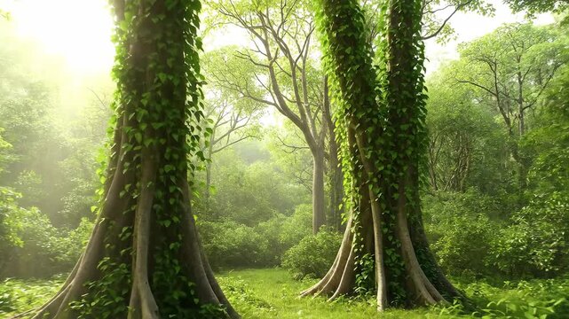 4k, A lush forest scene featuring massive trees covered in vines, bathed in diffused sunlight, presented with a low-angle perspective in vibrant green, evoking a