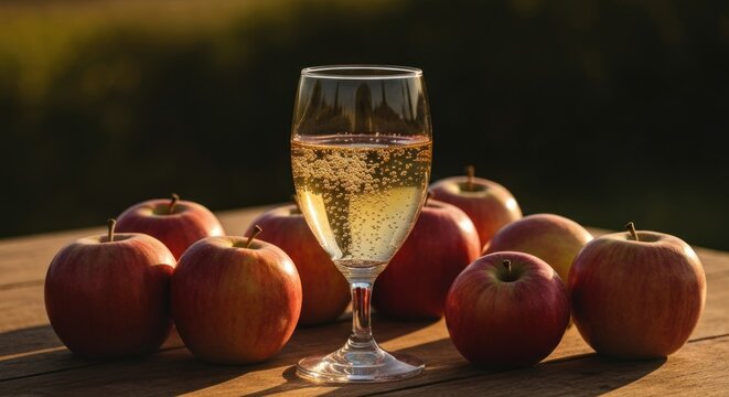 A glass of sparkling cider surrounded by fresh apples on a wooden table in natural light