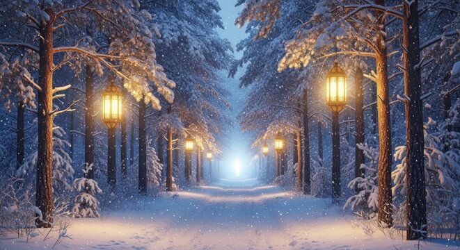 Snow covered forest path with glowing lanterns winter