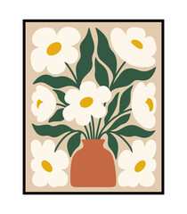Simple white floral arrangement in warm-toned vase modern flat illustration